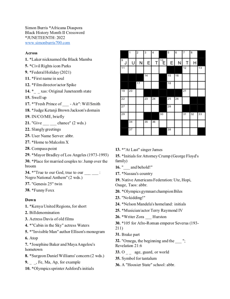 Juneteenth Crossword Puzzle The Cincinnati Herald