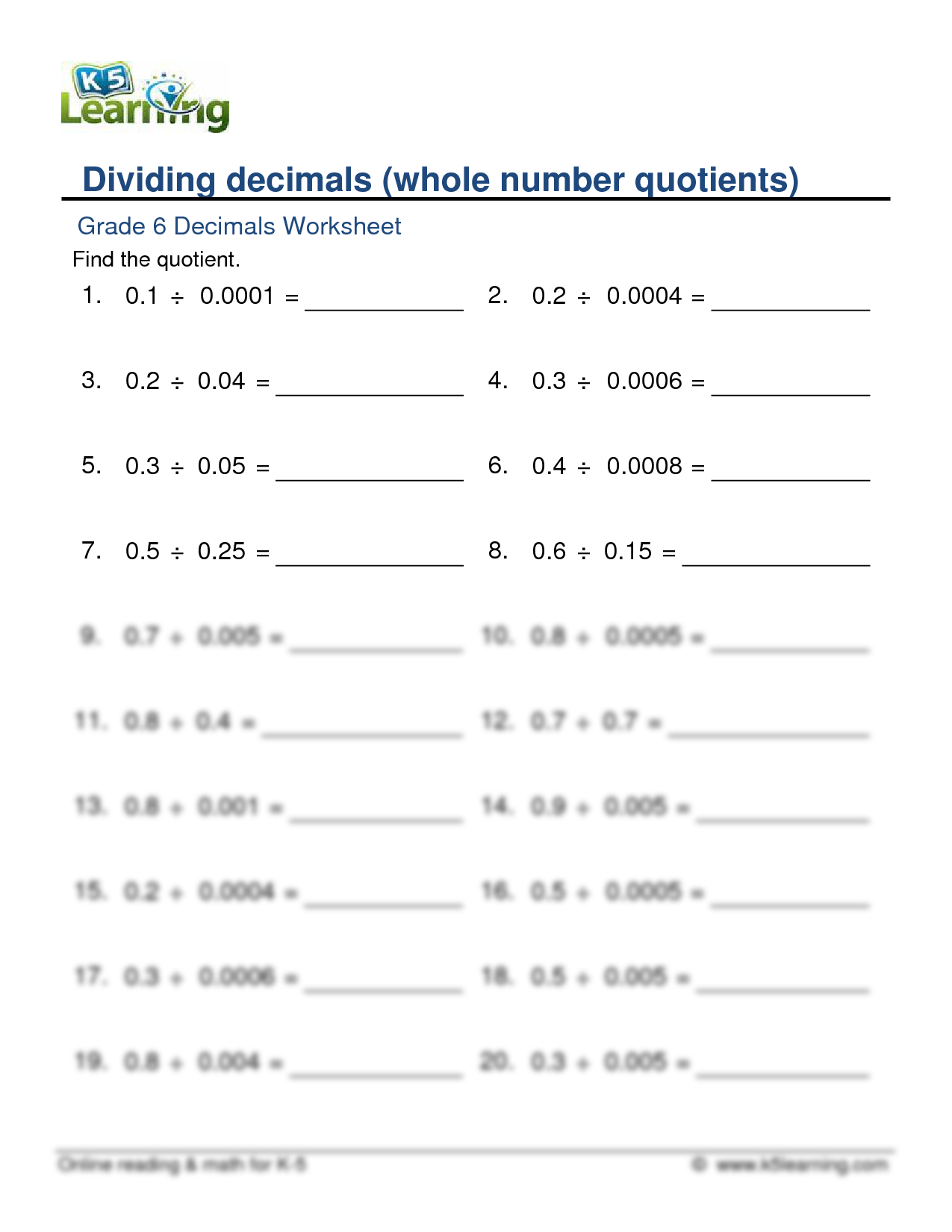 dividing with decimals worksheets