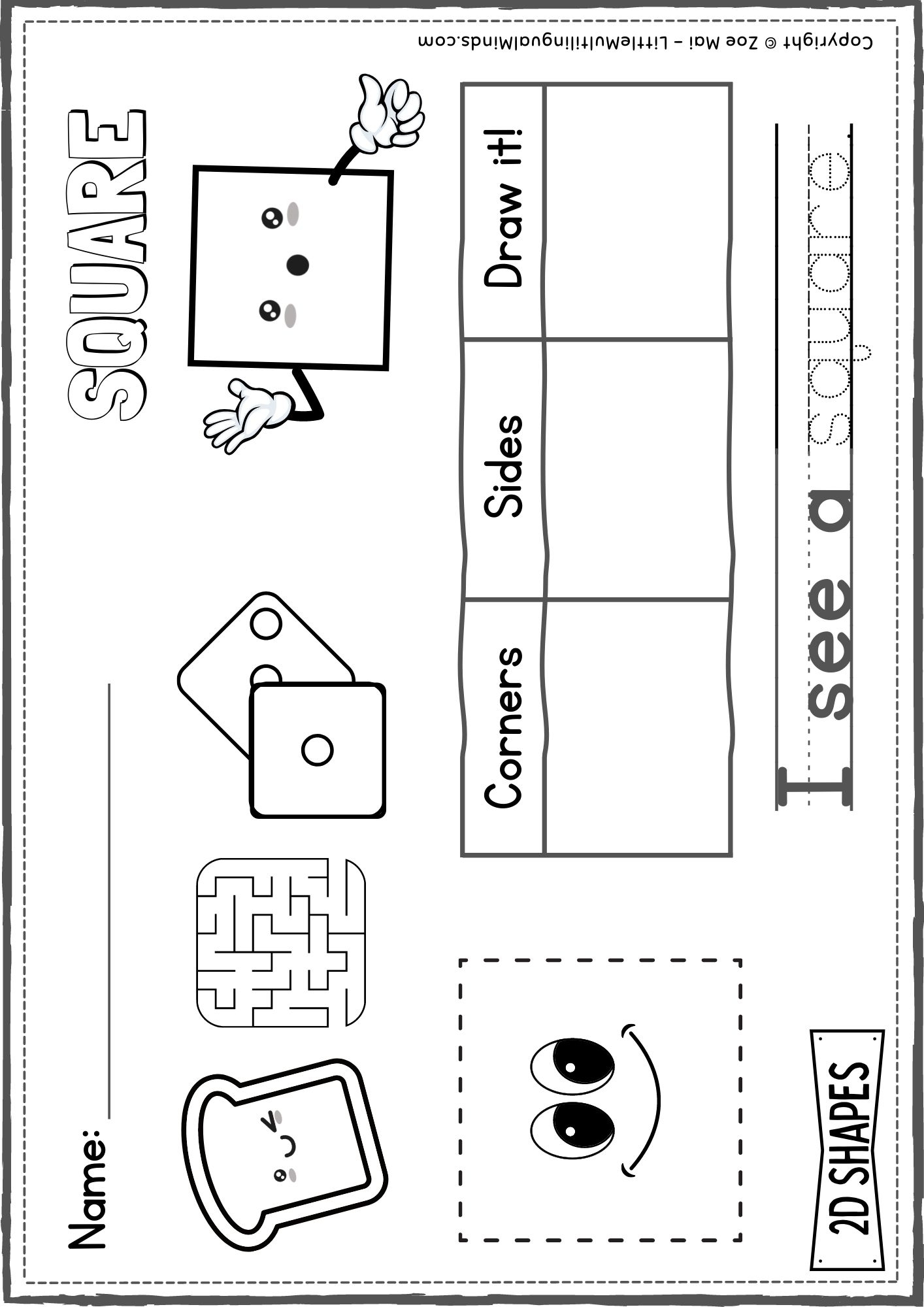 Kindergarten 2D Shapes Worksheet SQUARE Shape Sort Shape Hunt Math 