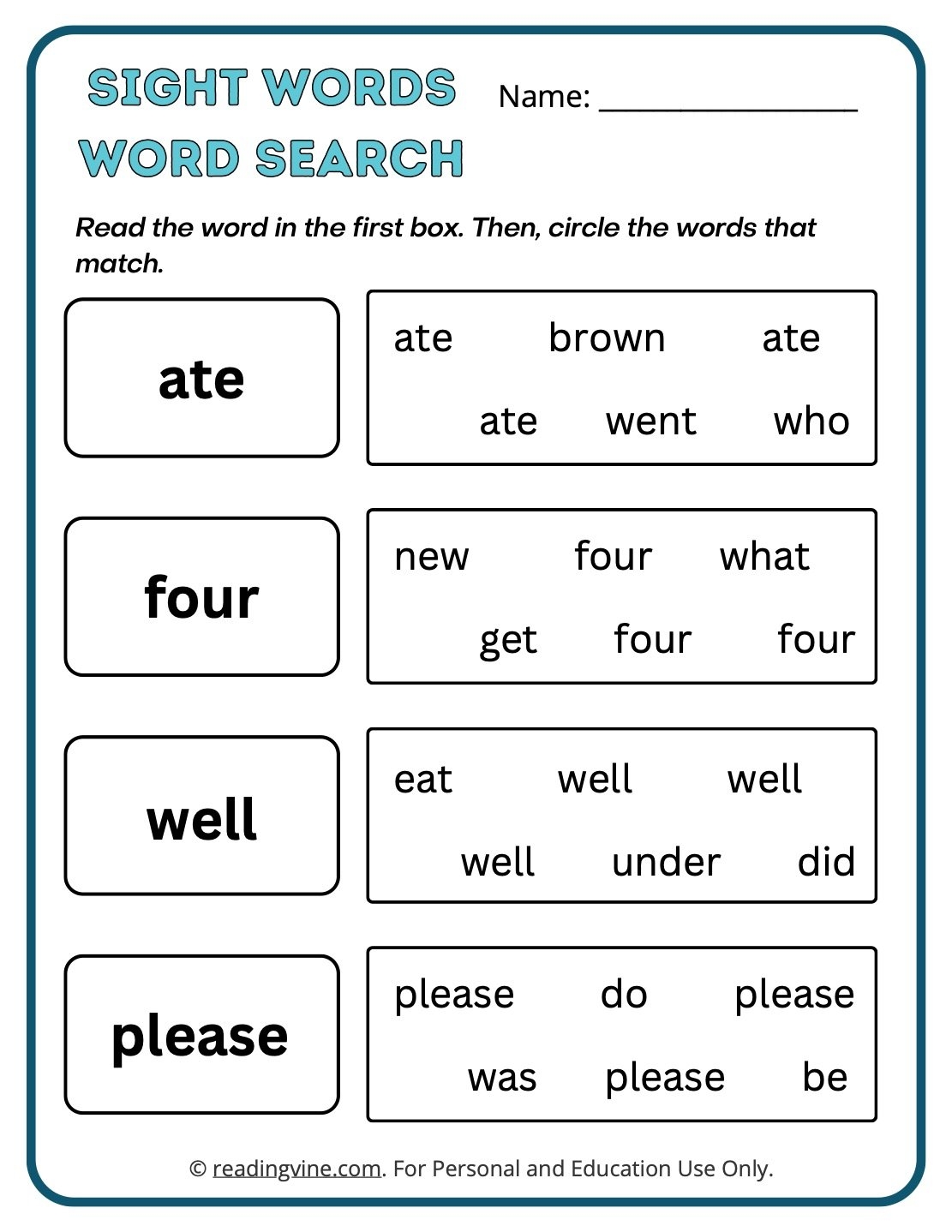 kindergarten sight word practice worksheets