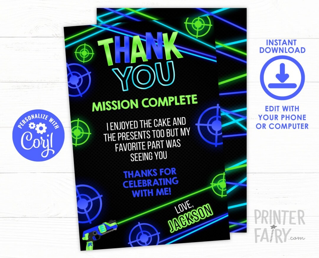 free printable laser tag thank you cards