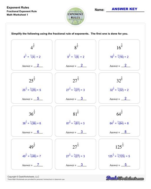exponents rules worksheet