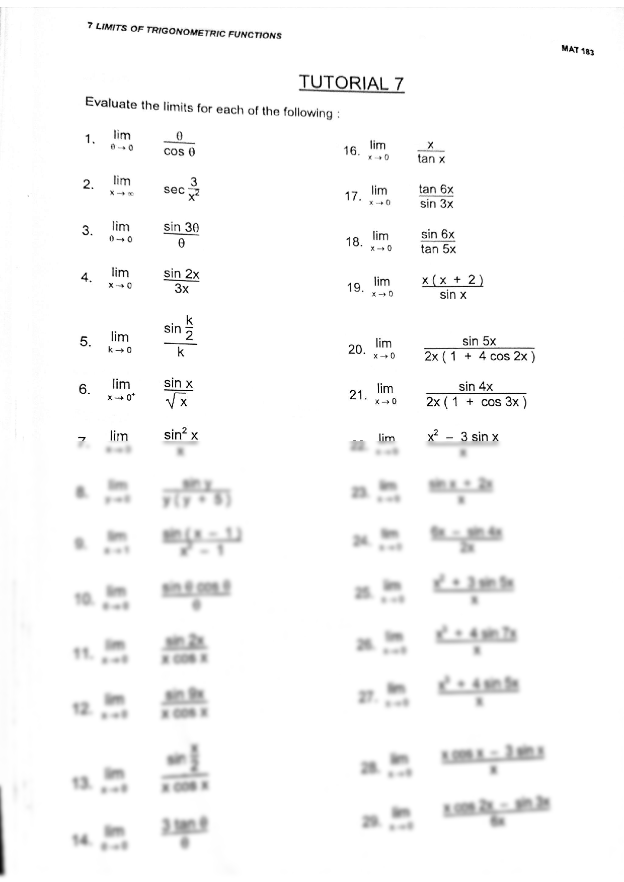 Limits With Trig Functions Worksheet Worksheets Library