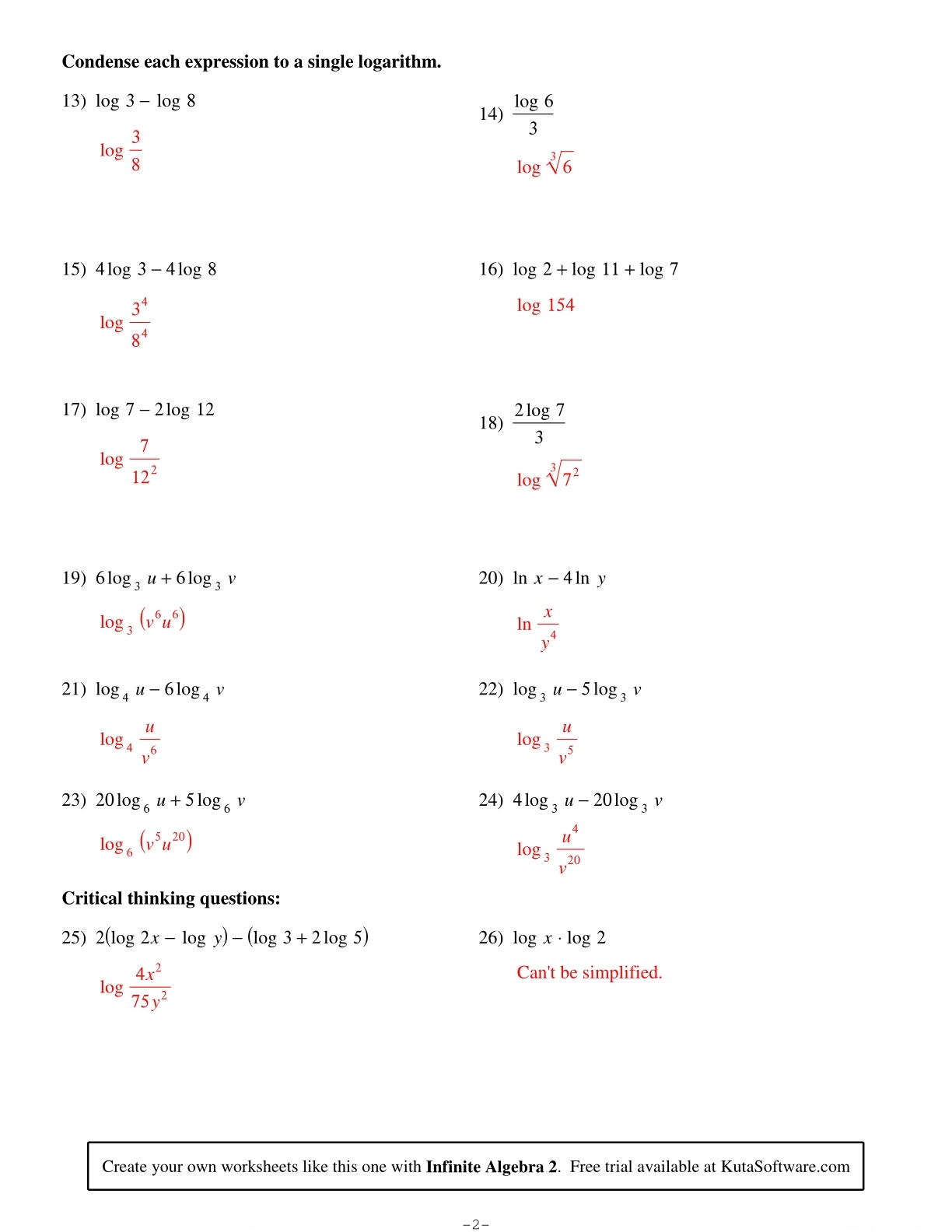 Logarithmic Worksheets Library