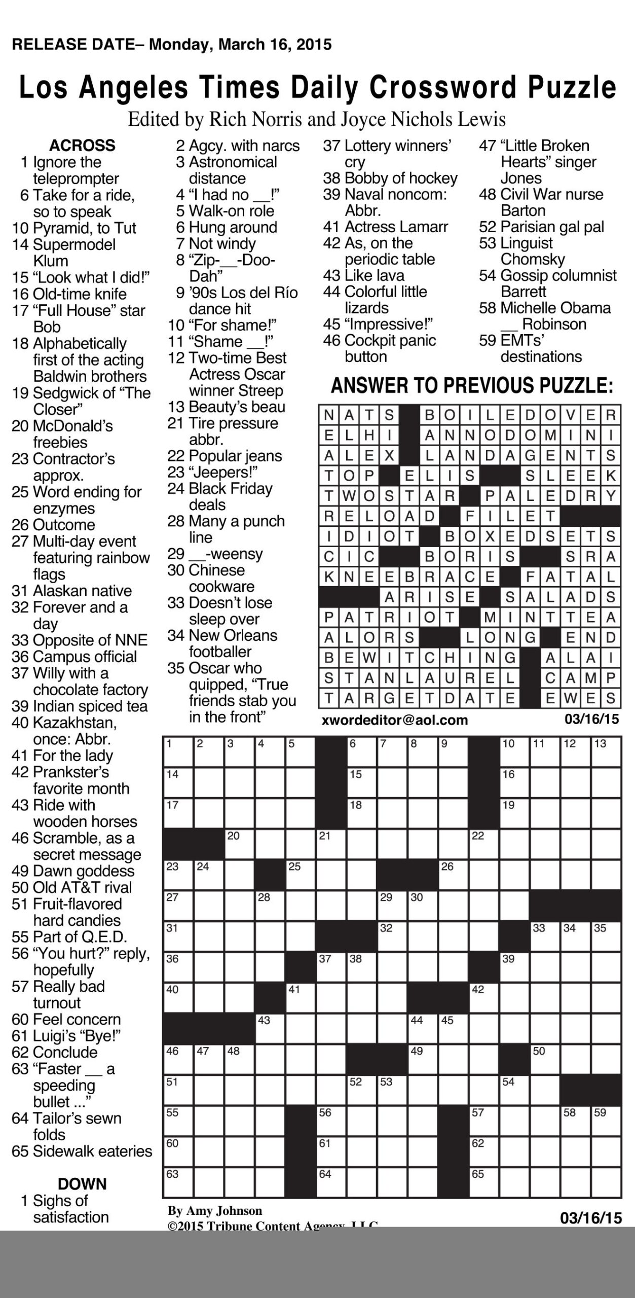 Los Angeles Times Crossword Puzzle Printable Printable Crossword Puzzles