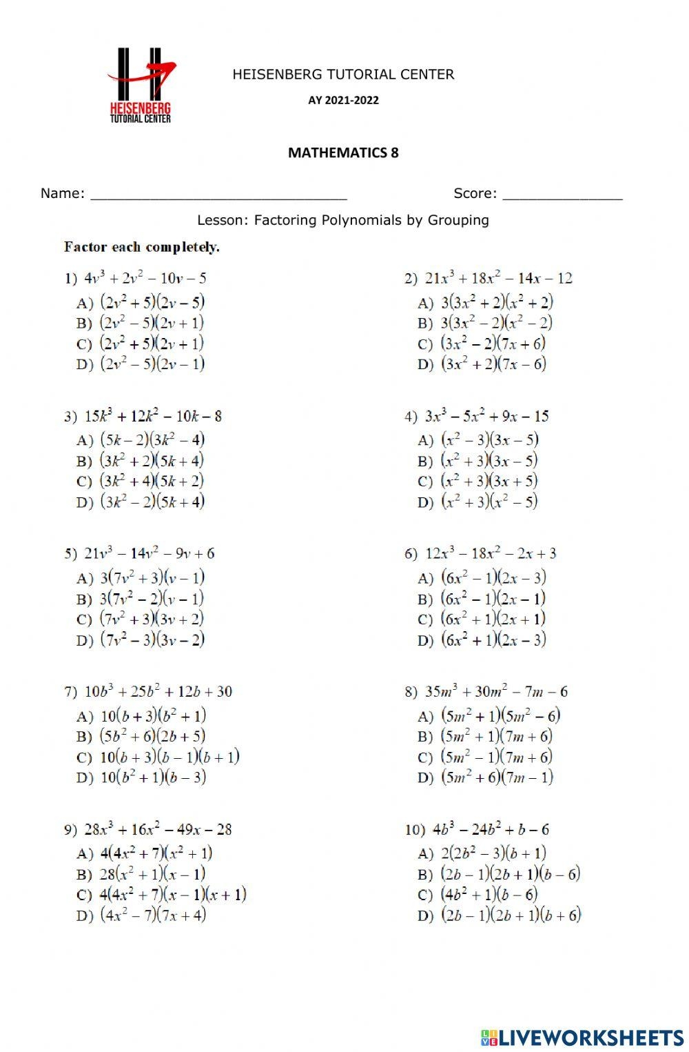 polynomials worksheet