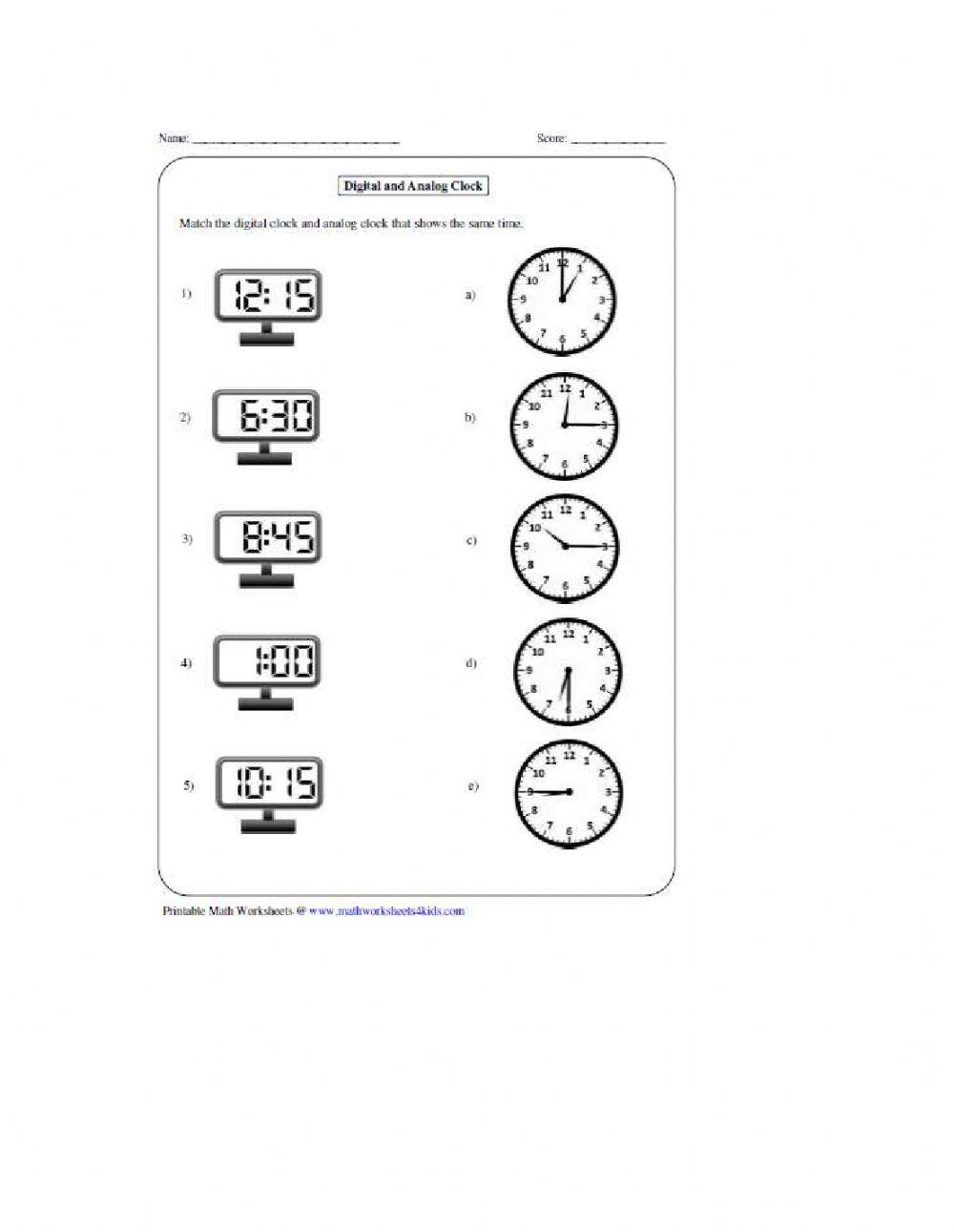 Match Time In Half Hours On Digital And Analog Clock Printable 