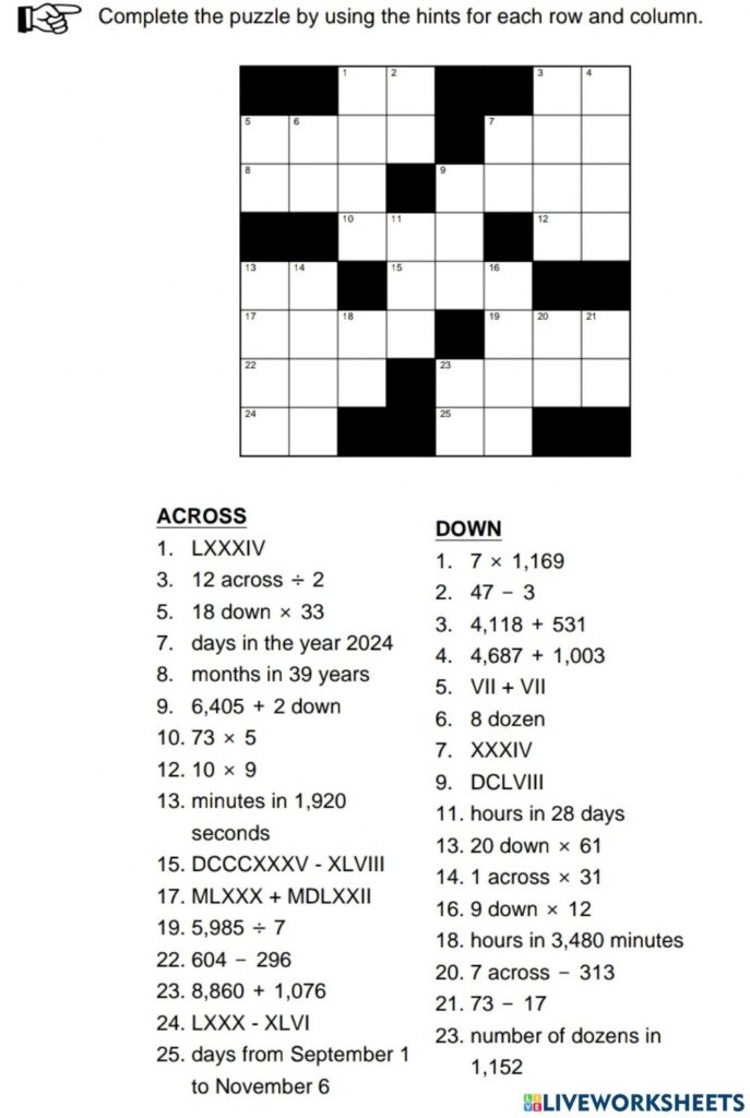 math crossword puzzles free printable