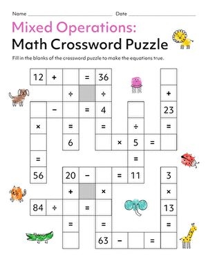 Math Crossword Puzzle Fun Activity For Fourth Graders