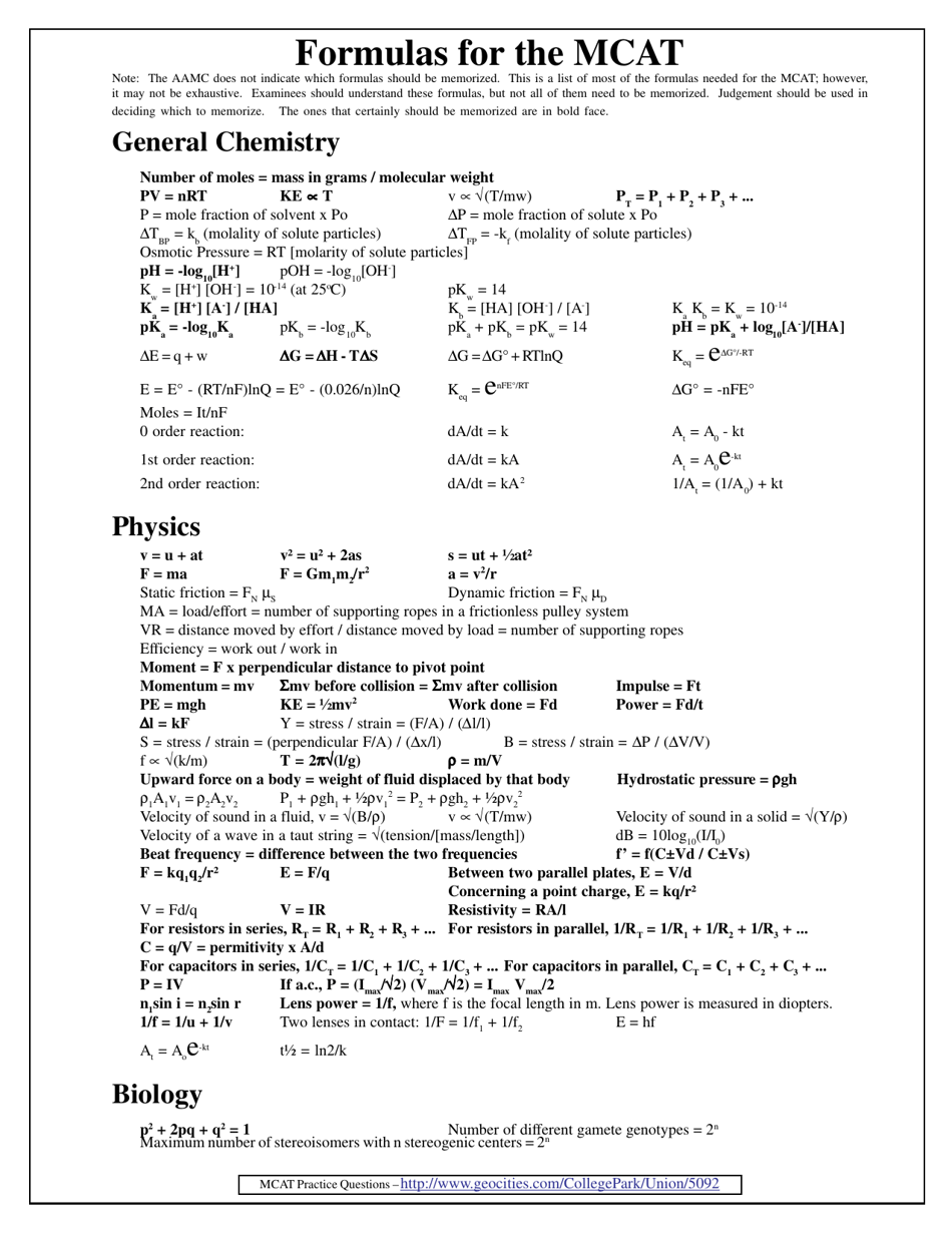mcat formula worksheet