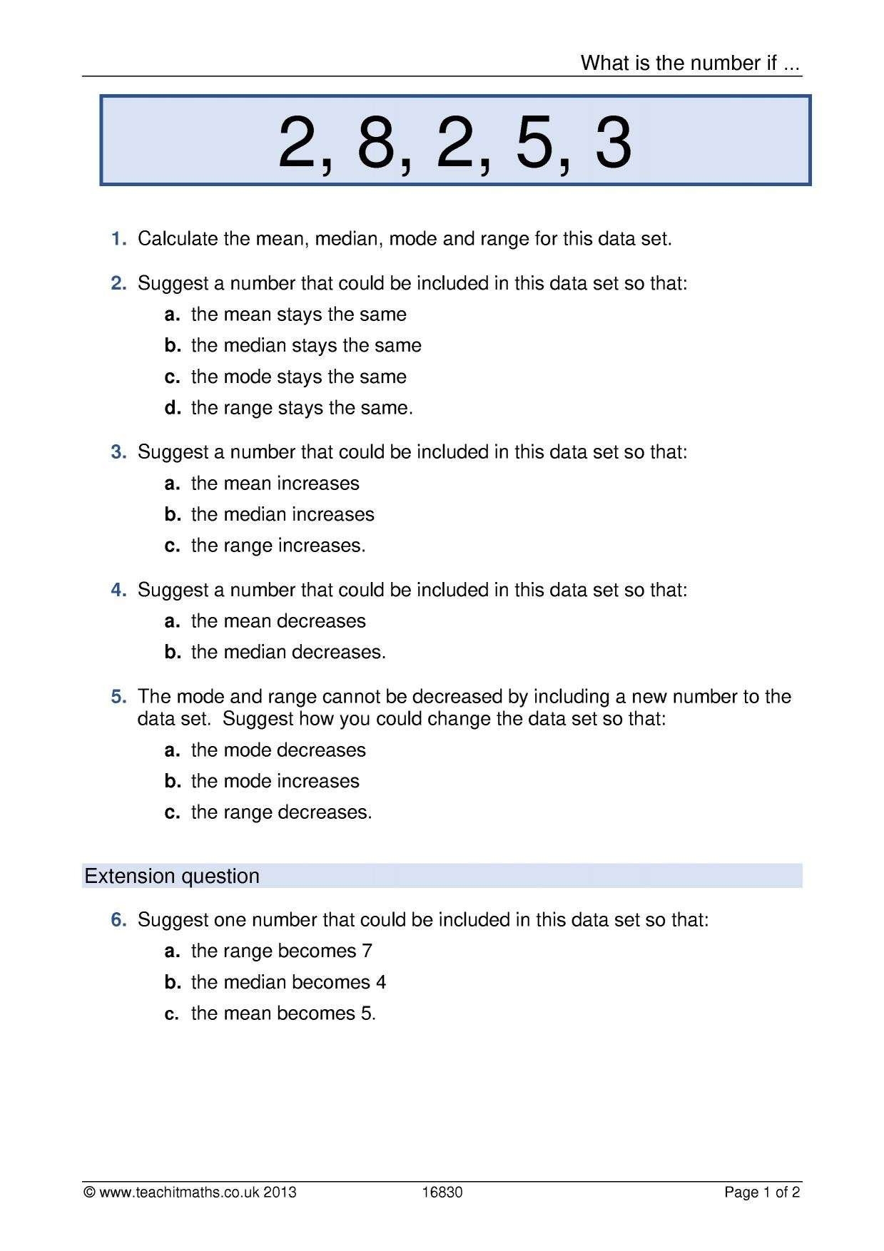 mean median mode range worksheet pdf