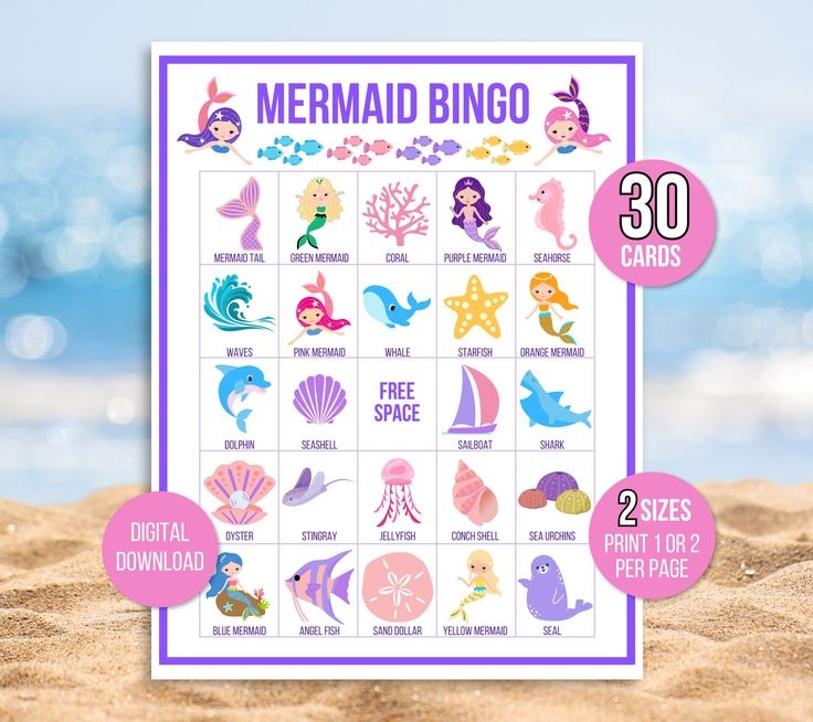 Mermaid Bingo 30 Unique Printable Mermaid Bingo Cards Mermaid Game 