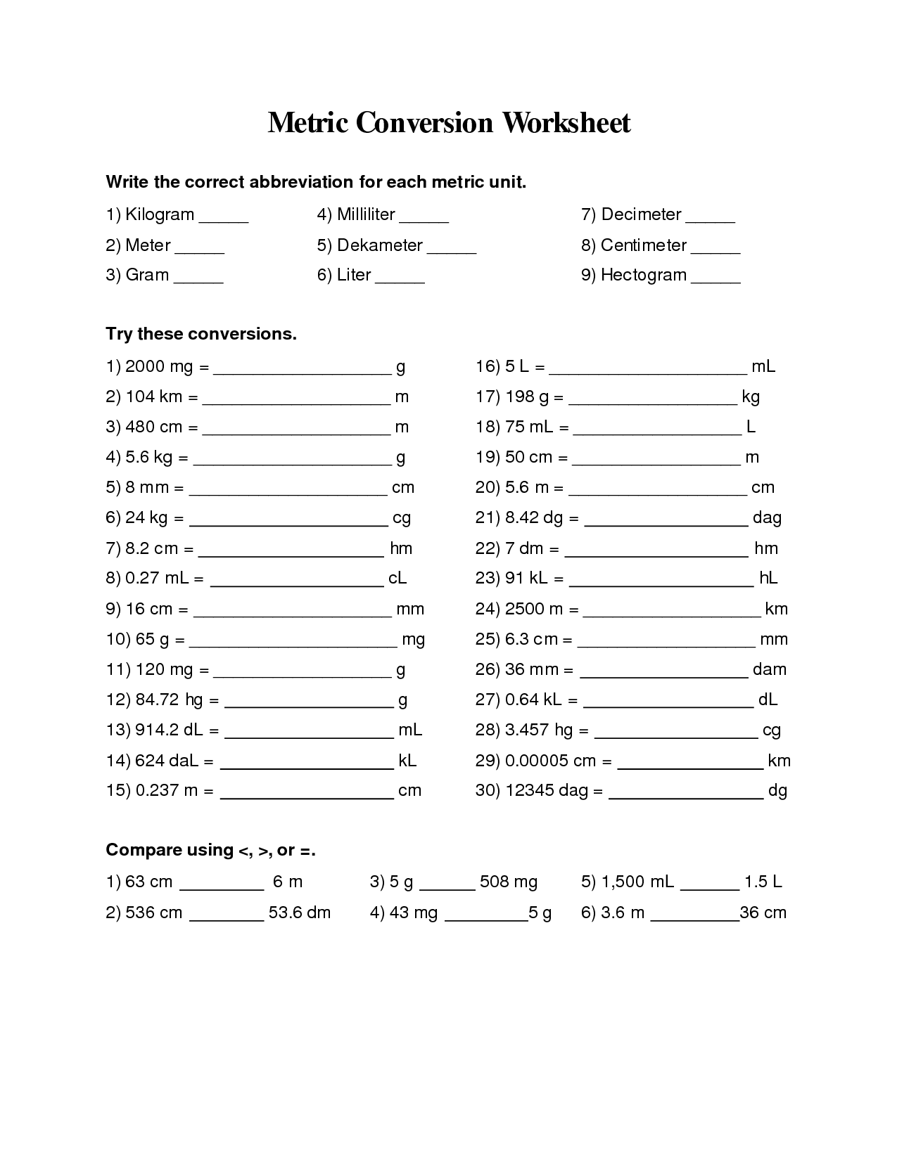 Metric Conversion Worksheets 6th Grade Metric Conversion Worksheet 