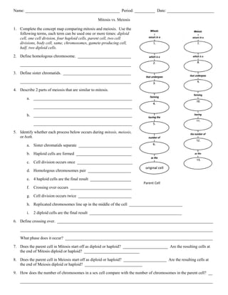 Mitosis Meiosis Comparison Chart Worksheets Library