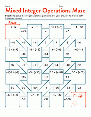 Mixed Integer Operations Maze Worksheet Education Worksheets 