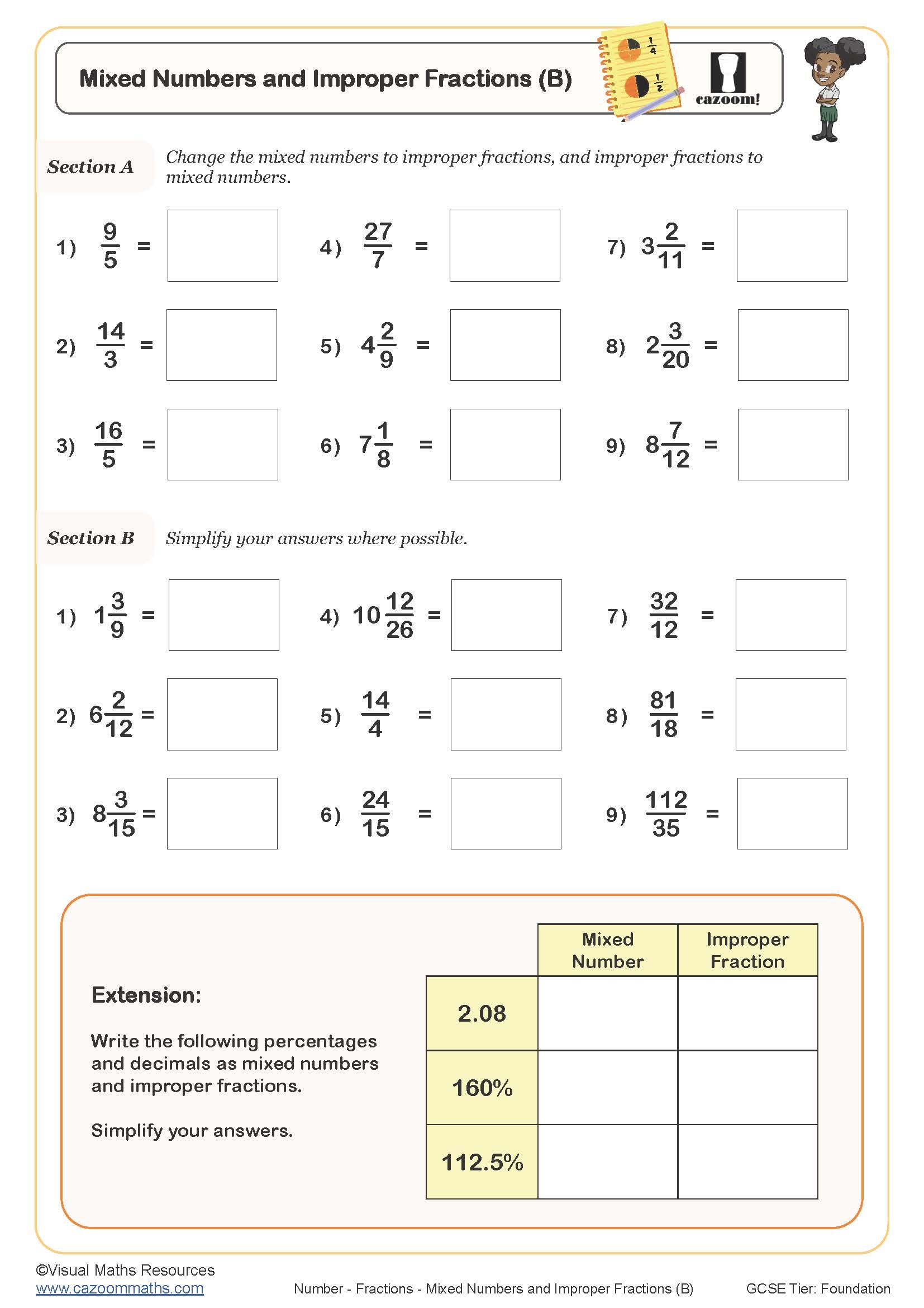 mixed number to improper fraction worksheet