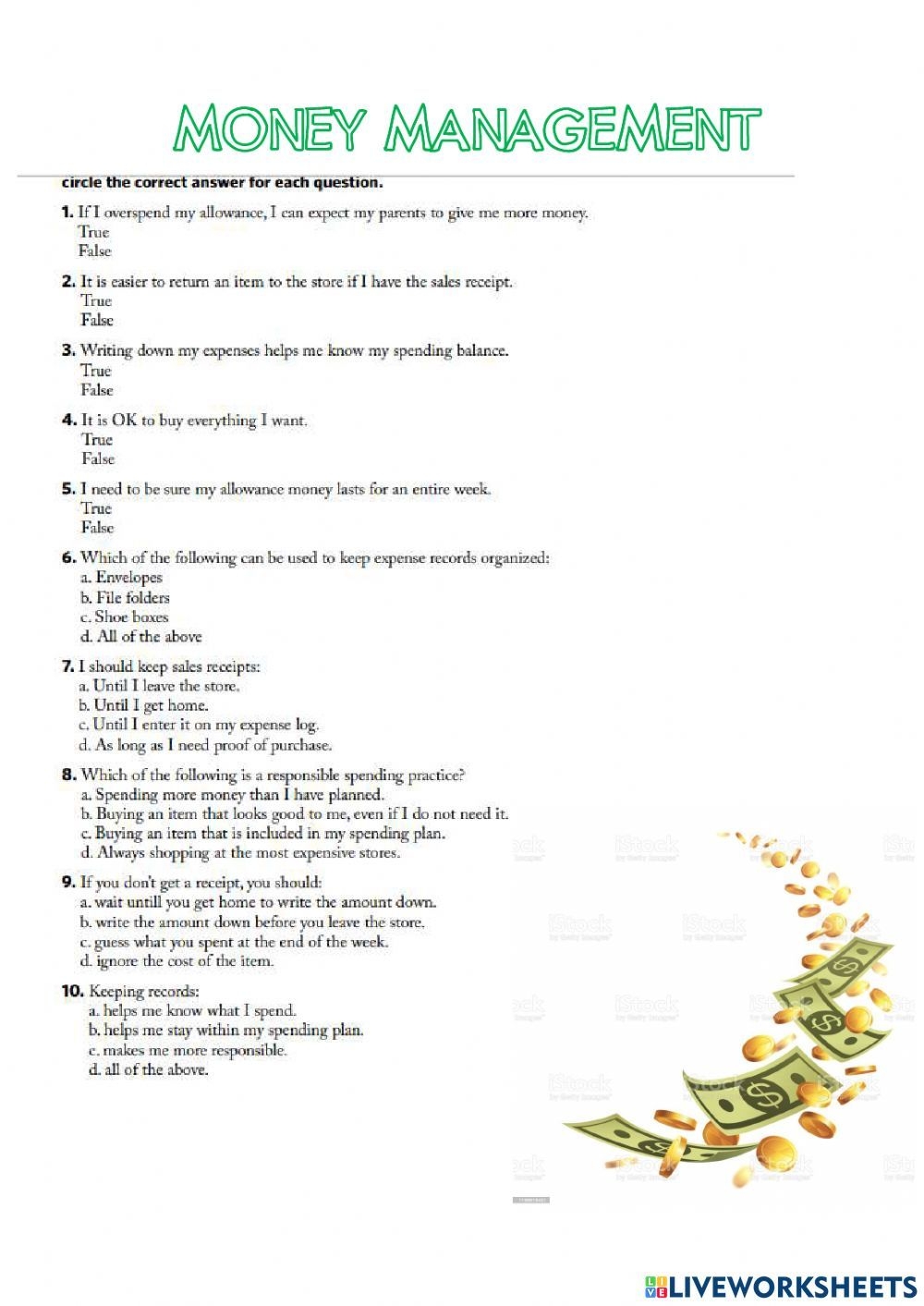 Money Management Activity Worksheet