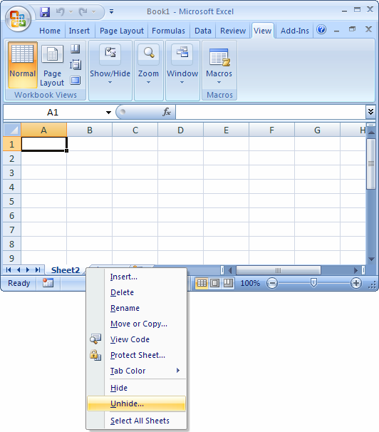 MS Excel 2007 Unhide A Sheet Worksheets Library