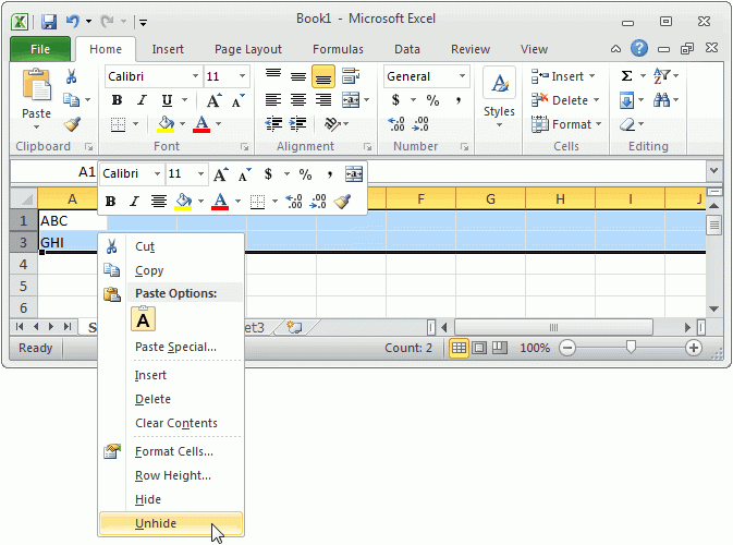 MS Excel 2010 Unhide A Row Worksheets Library