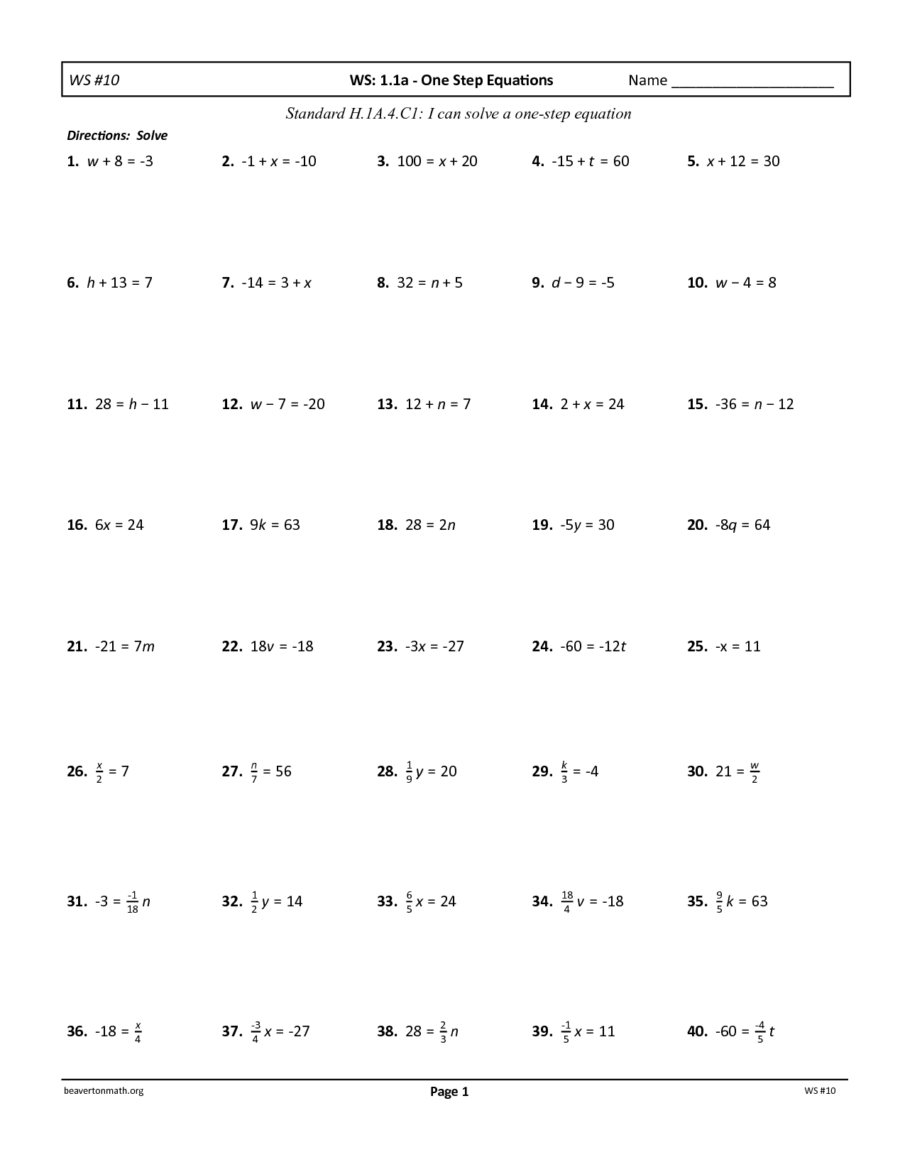 multi-step equations worksheet