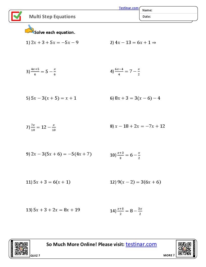 Multi Step Equations Worksheets