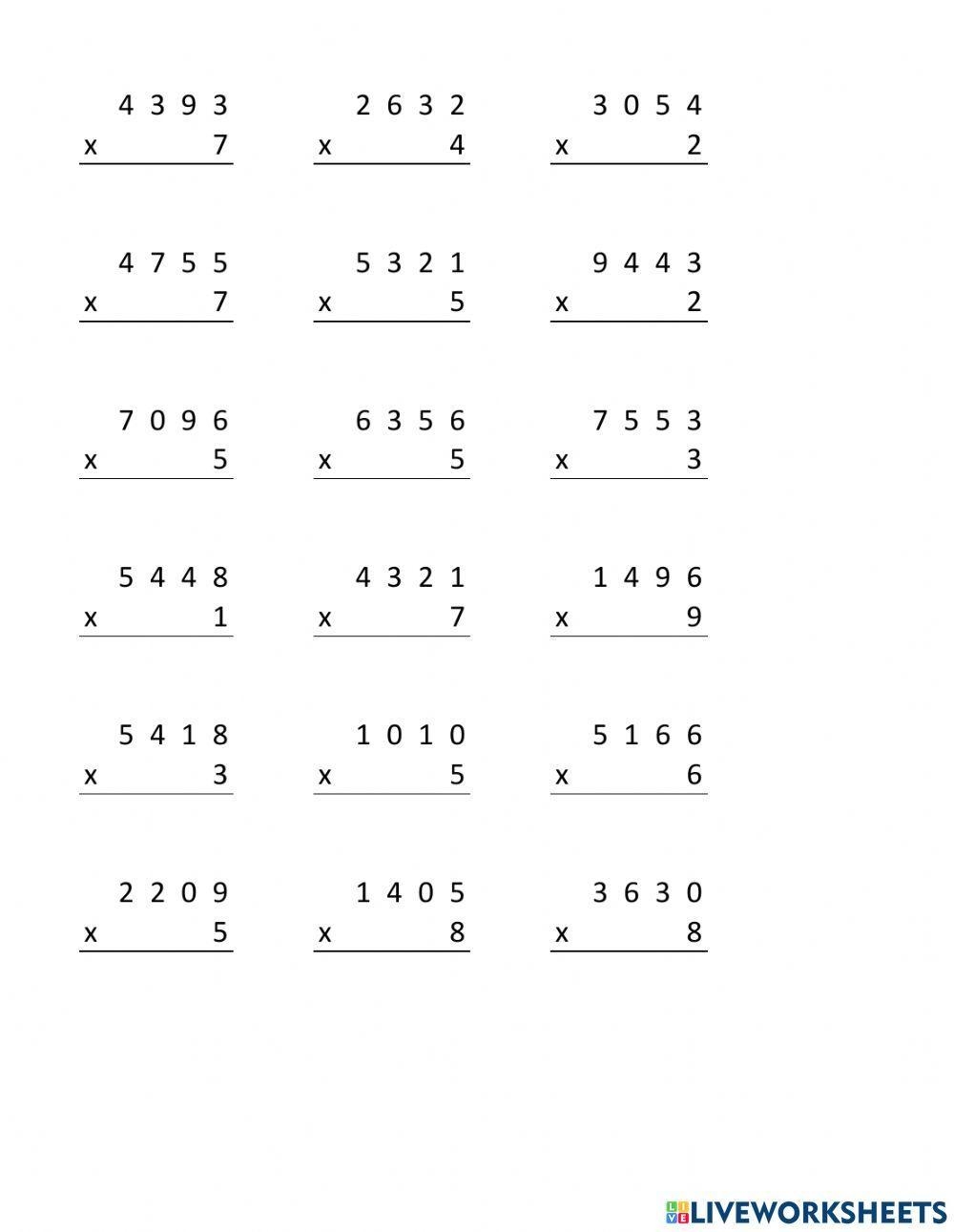 Multiply 4 Digits By 1 Digit Worksheet Live Worksheets Worksheets 