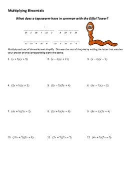 Multiplying Binomials FOIL Joke Worksheet With Answer Key TPT 