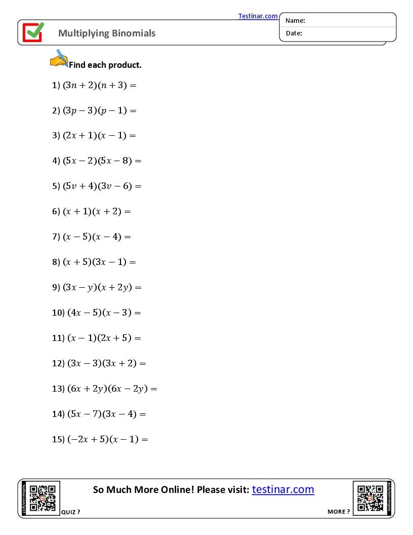 Multiplying Binomials Worksheets Worksheets Library