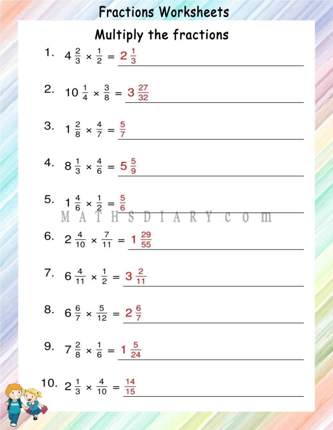 Multiplying Mixed Fractions By Proper Fractions Worksheets Math 