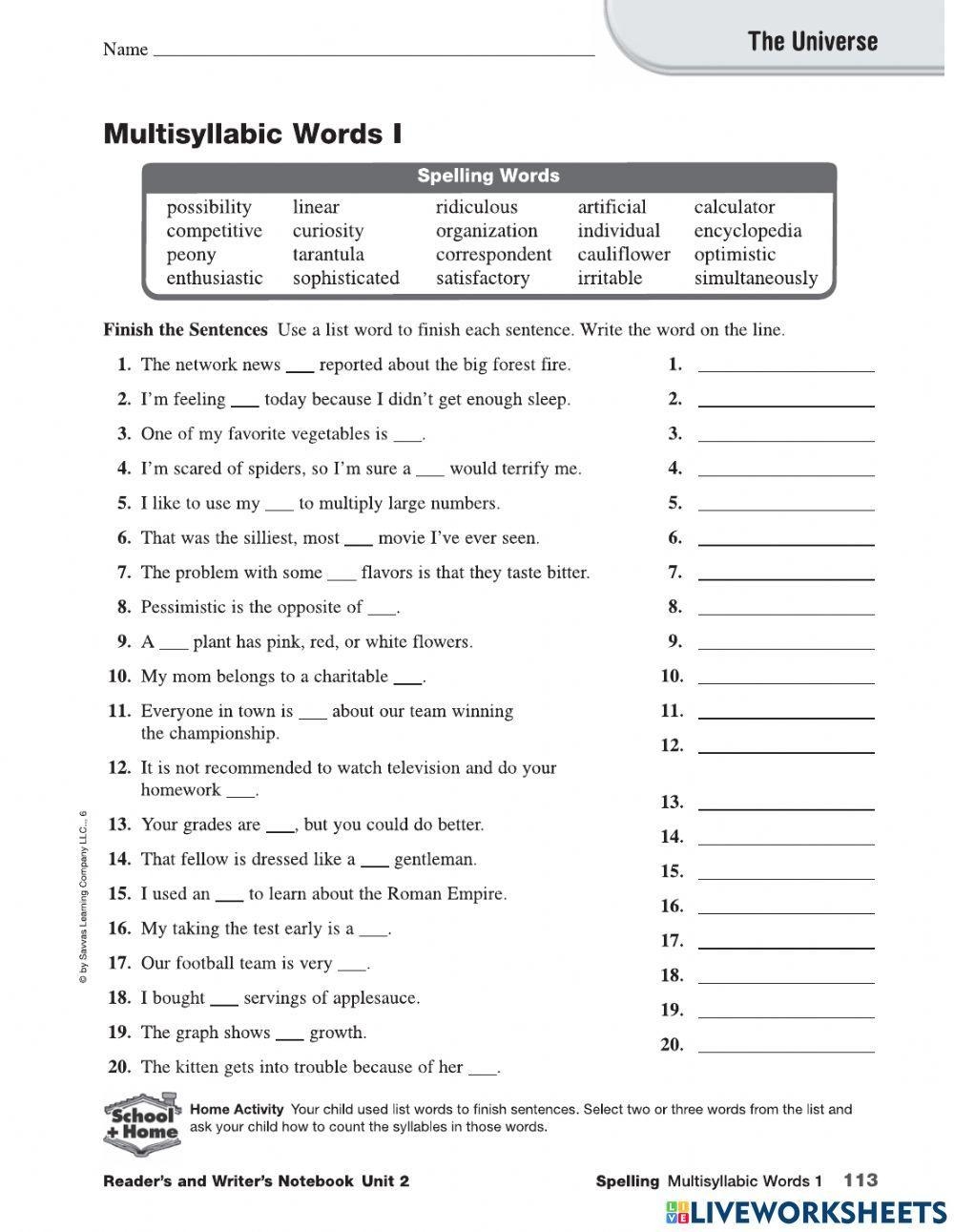 Multisyllabic Words Worksheet Live Worksheets Worksheets Library