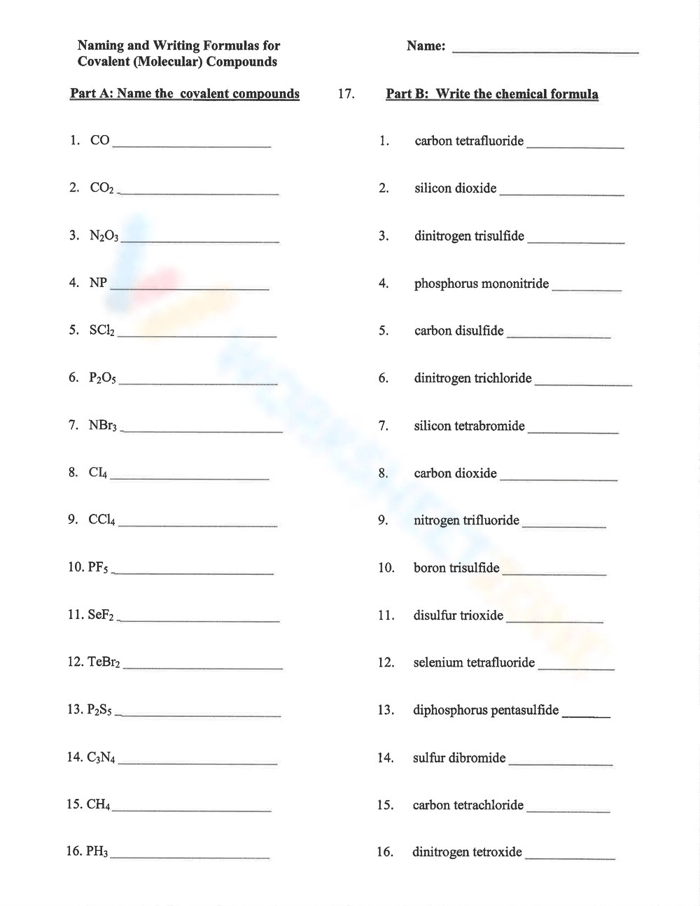 Naming And Writing Covalent Compounds And KEY Worksheet Worksheets