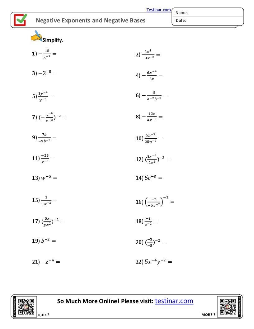 negative exponents worksheet