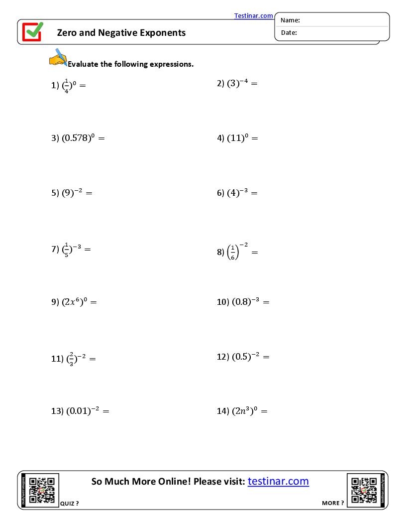 Negative Exponents Worksheet