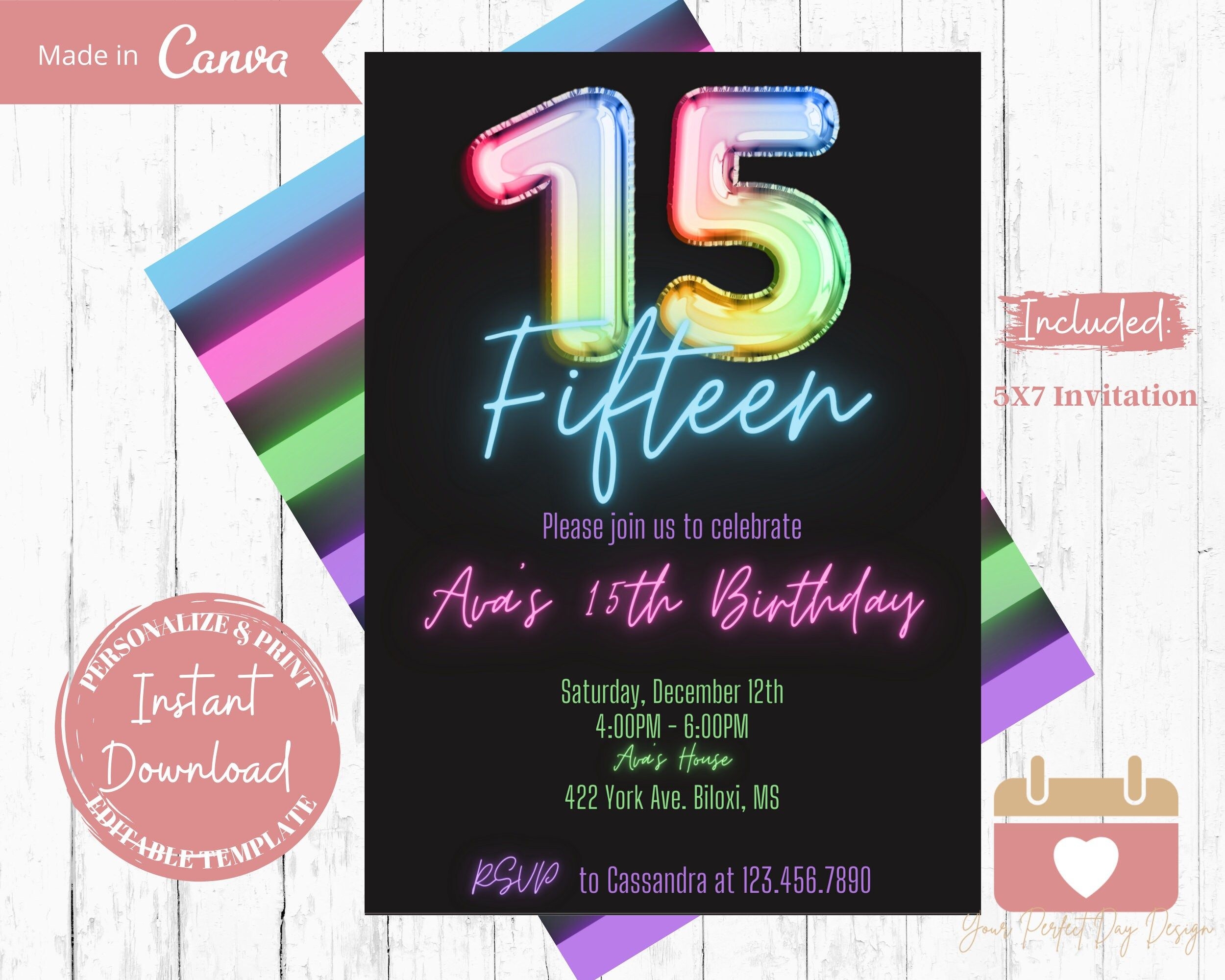 Neon 15th Birthday Invitation Glow Party Invite Fifteenth Birthday