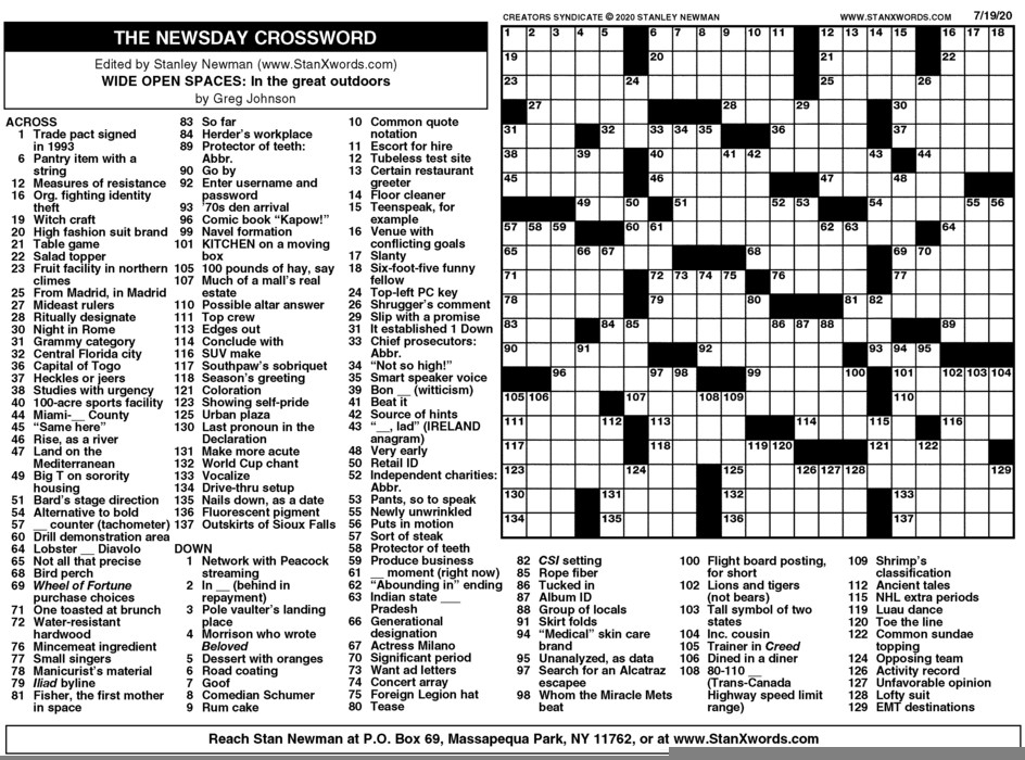 Newsday Crossword Sunday For Jul 19 2020 By Stanley Printable