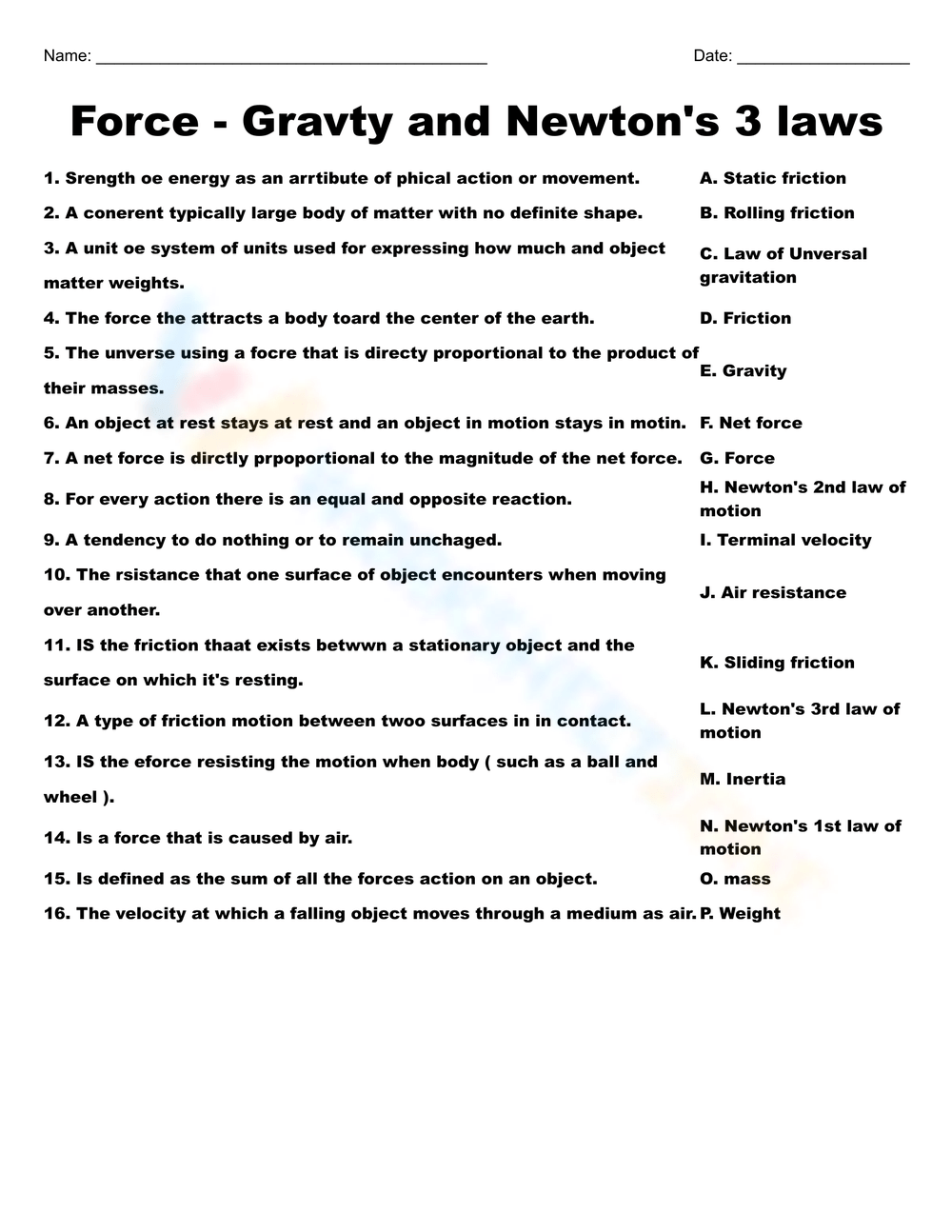 Newtons 3 Laws Identification Worksheet Science 10th Grade 