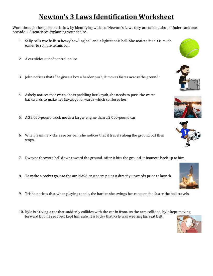 Newtons 3 Laws Identification Worksheet Science 10th Grade