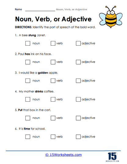 noun verb adjective worksheet