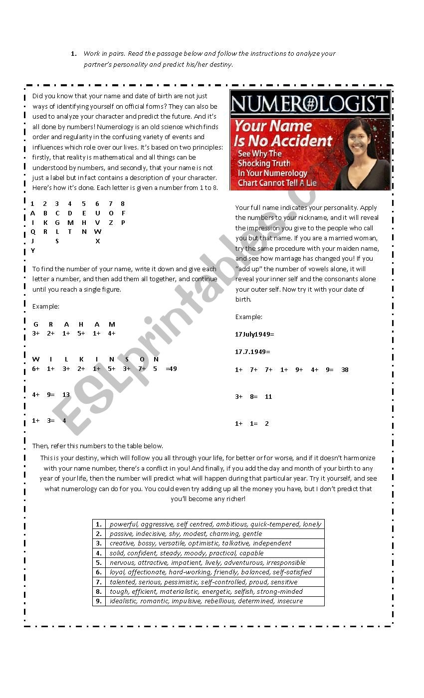 Numerology ESL Worksheet By Garayosvaldo