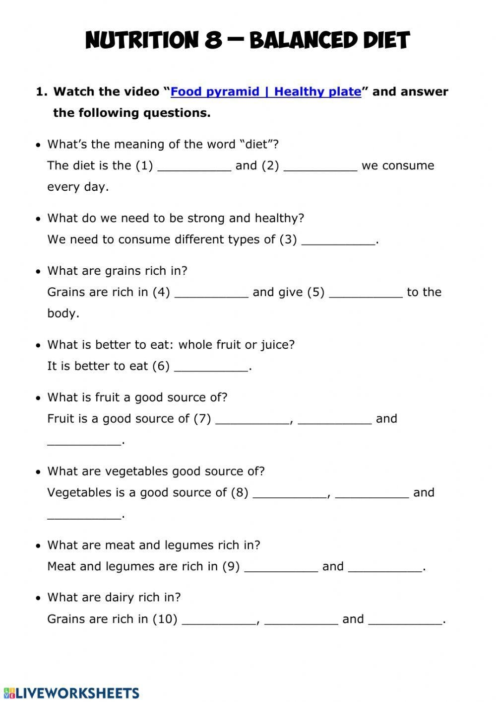NUTRITION 7 Food And Nutrition Worksheet Live Worksheets 