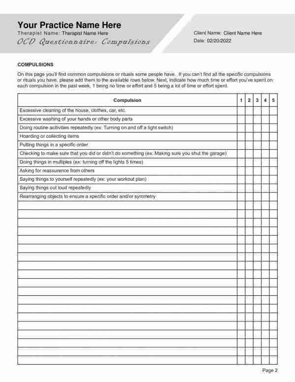 OCD Questionnaire Worksheet Editable Fillable Printable PDF 
