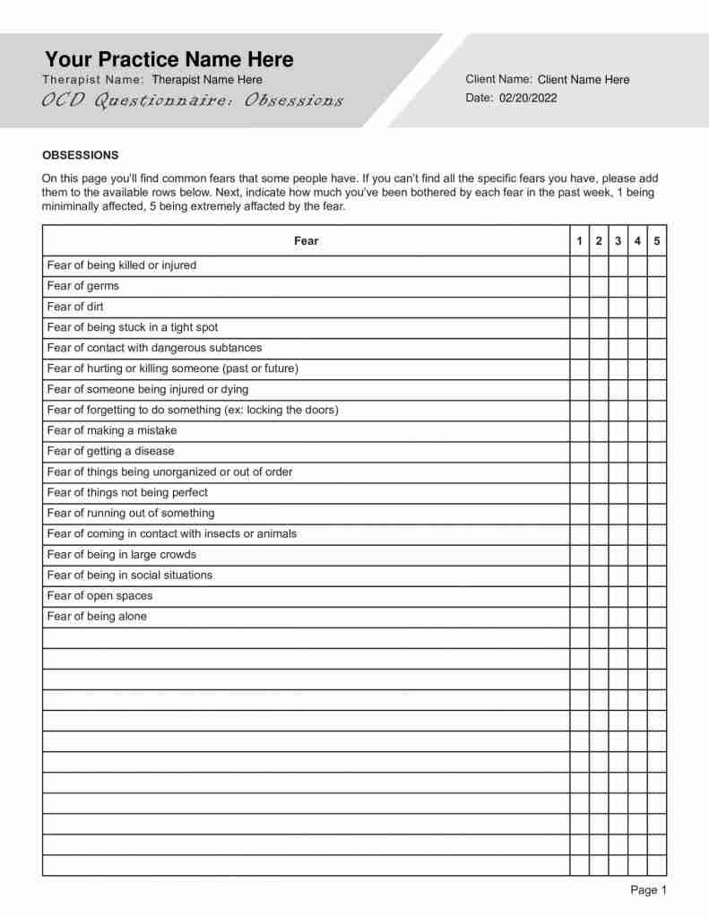 OCD Questionnaire Worksheet Editable Fillable Printable PDF 
