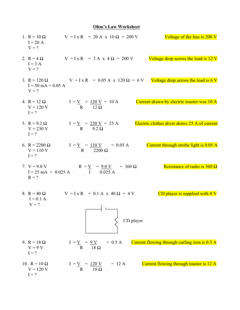 Ohm S Law Worksheet Answer Printable PDF Template
