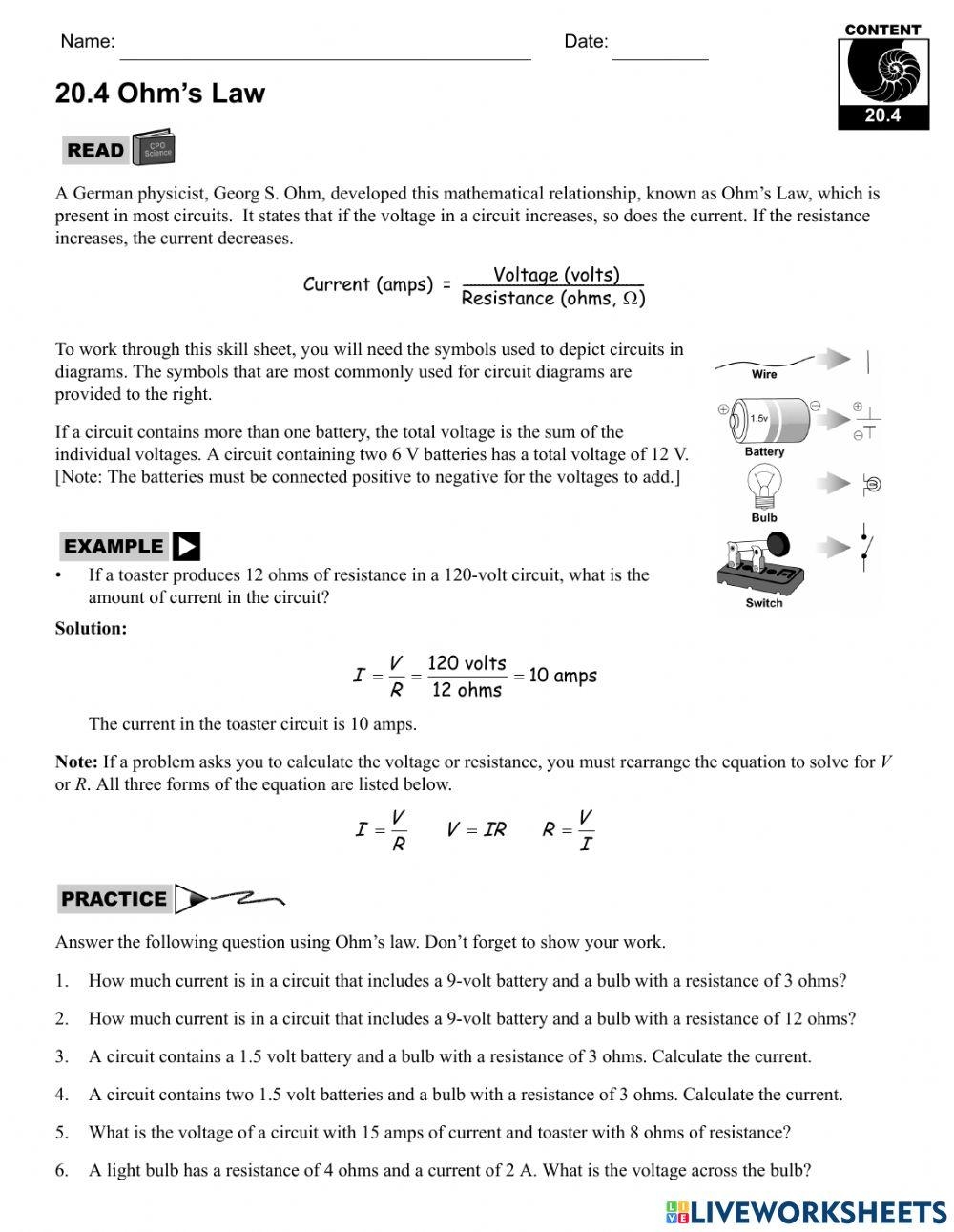 Ohms Law Worksheet PIXELCOWBOY Live Worksheets Worksheets Library