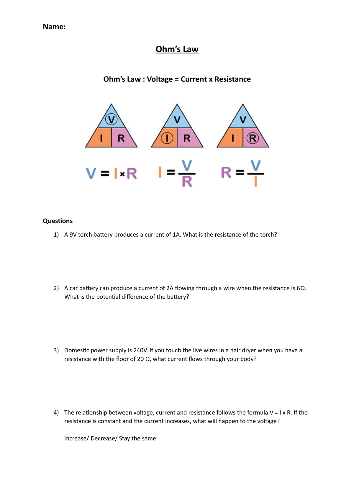 ohm's law worksheet