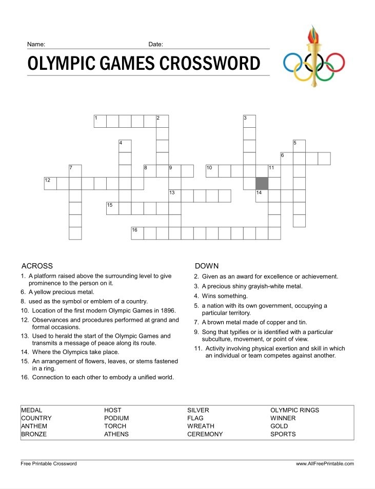 Olympic Games Crossword Free Printable