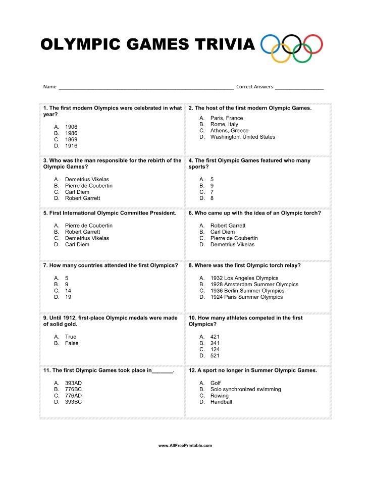 Olympic Games Trivia Free Printable