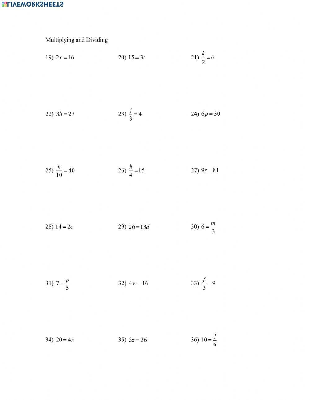 one-step equations worksheets
