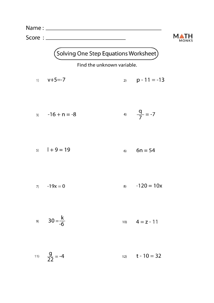 One Step Equations Worksheets Math Monks