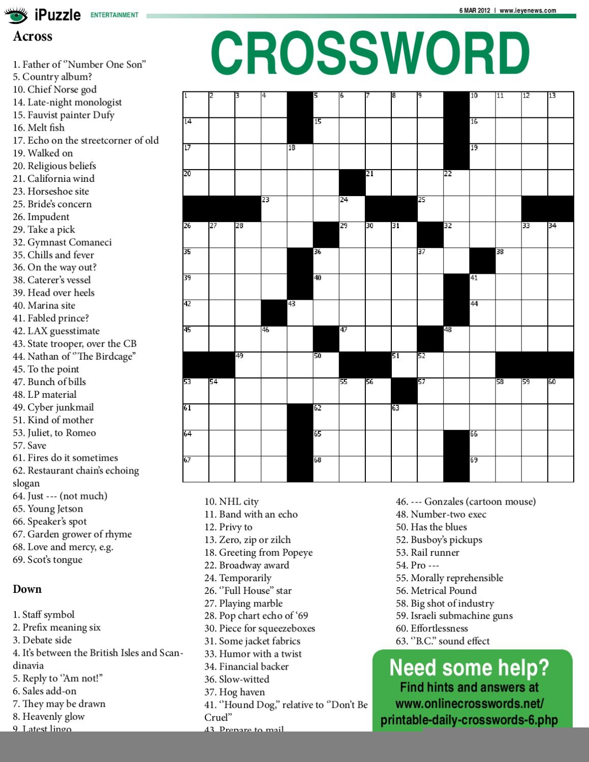 Onlinecrosswords Net Printable Daily Crosswords Php Printable